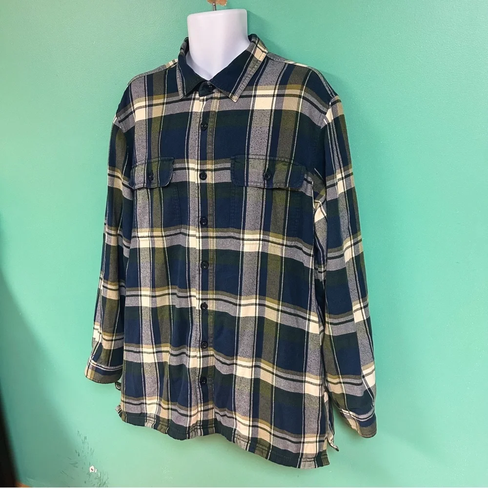 LL Bean Blue Green Yellow Plaid Fleece Lined Flannel Shirt Traditional Fit XL TL